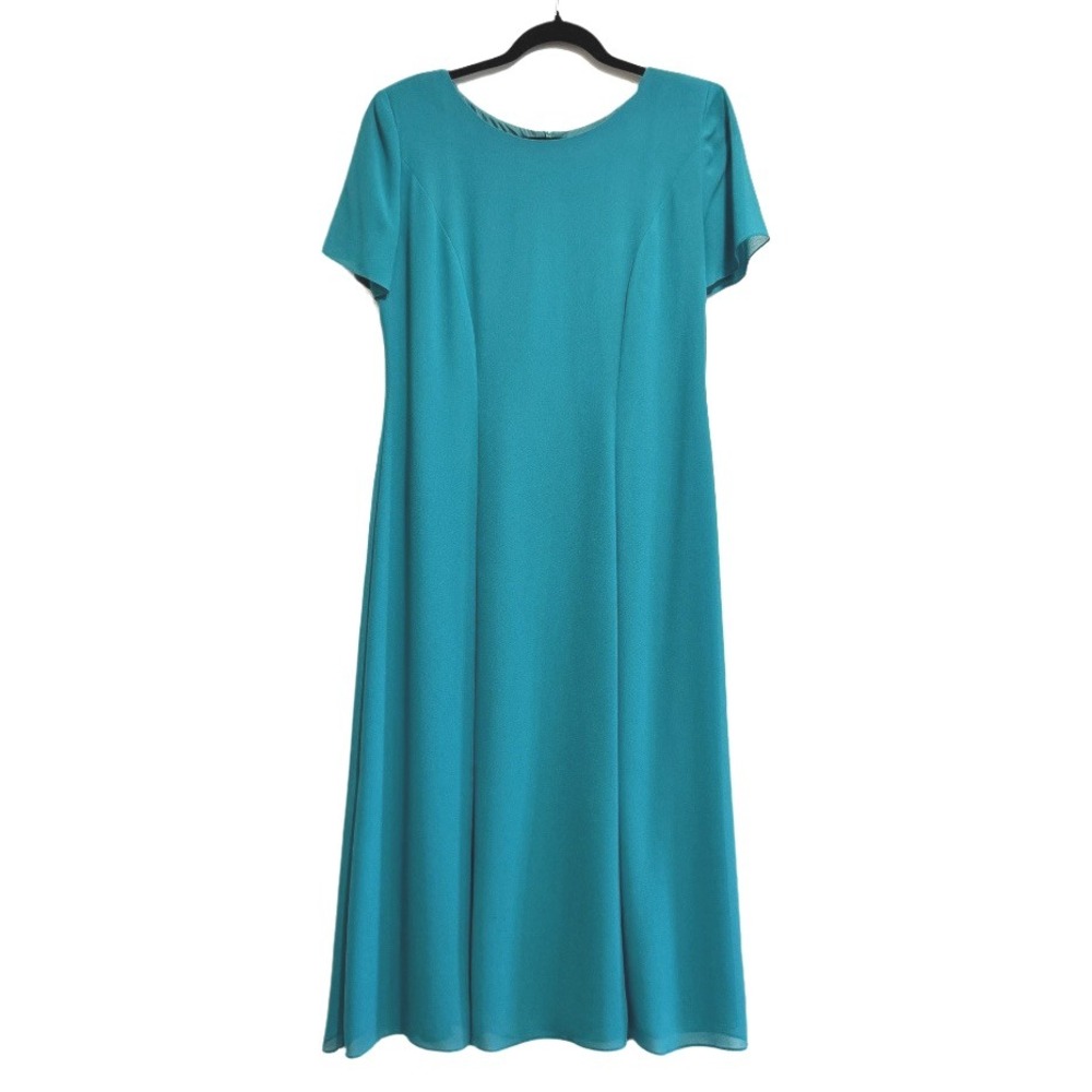 VTG! Ursula Of Switzerland Teal A-line Dress Flutter Sleeve 12 Made in USA Retro